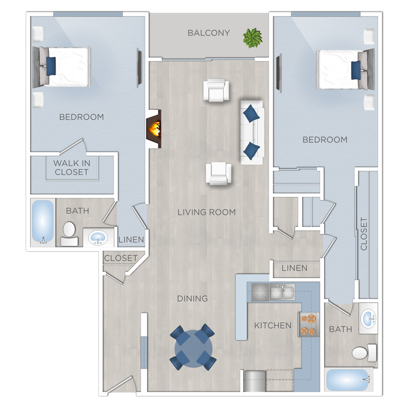 Floor plan for 2 beds, 2 baths, 1360 sqft